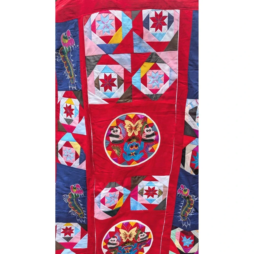 Vintage Chinese Patchwork Quilt Tapestry Red Panda Butterfly Embroidery 54x58